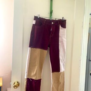 Patchwork jeans- maroon and tan